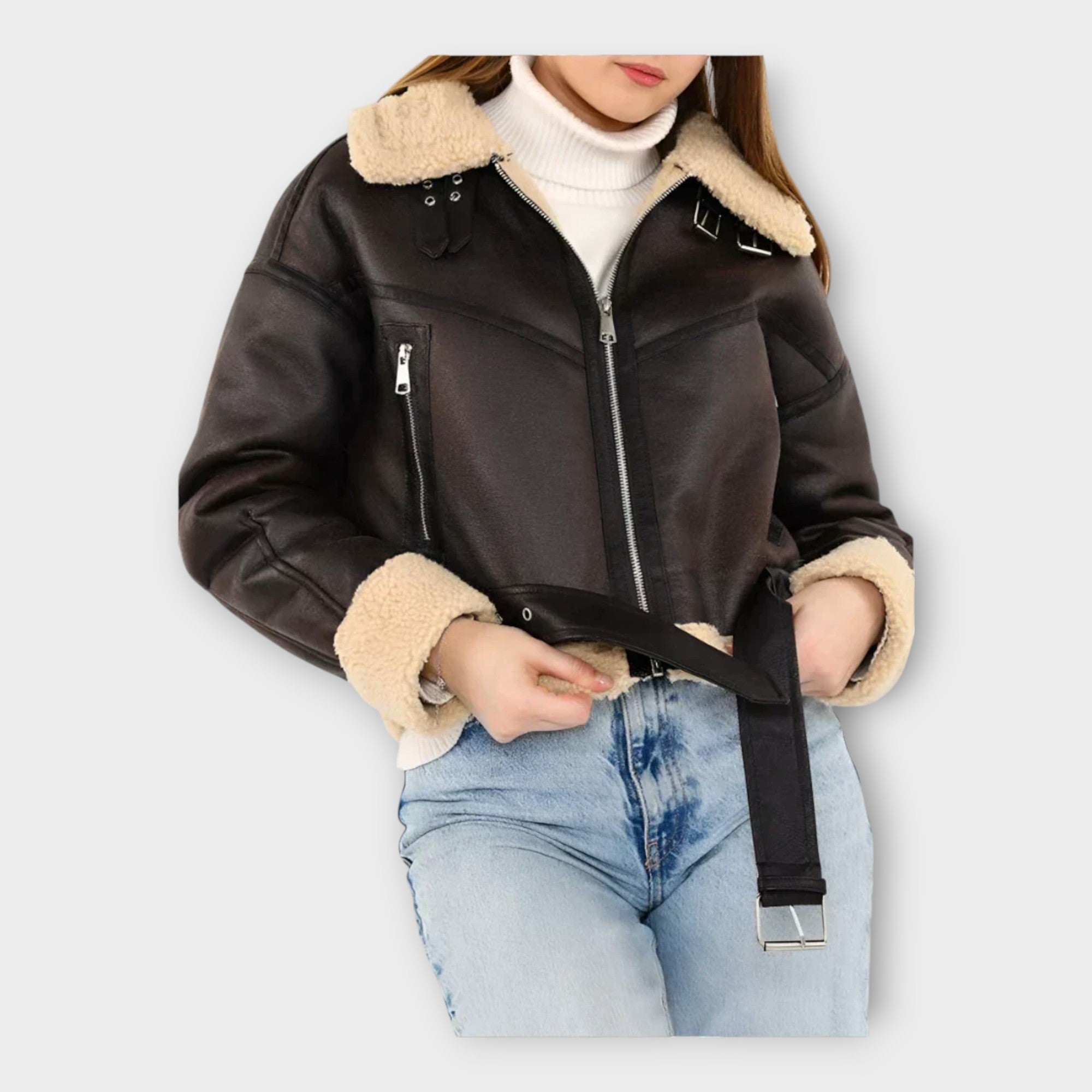Helin | Jachetă modernă din piele cu căptușeală și centură Helin