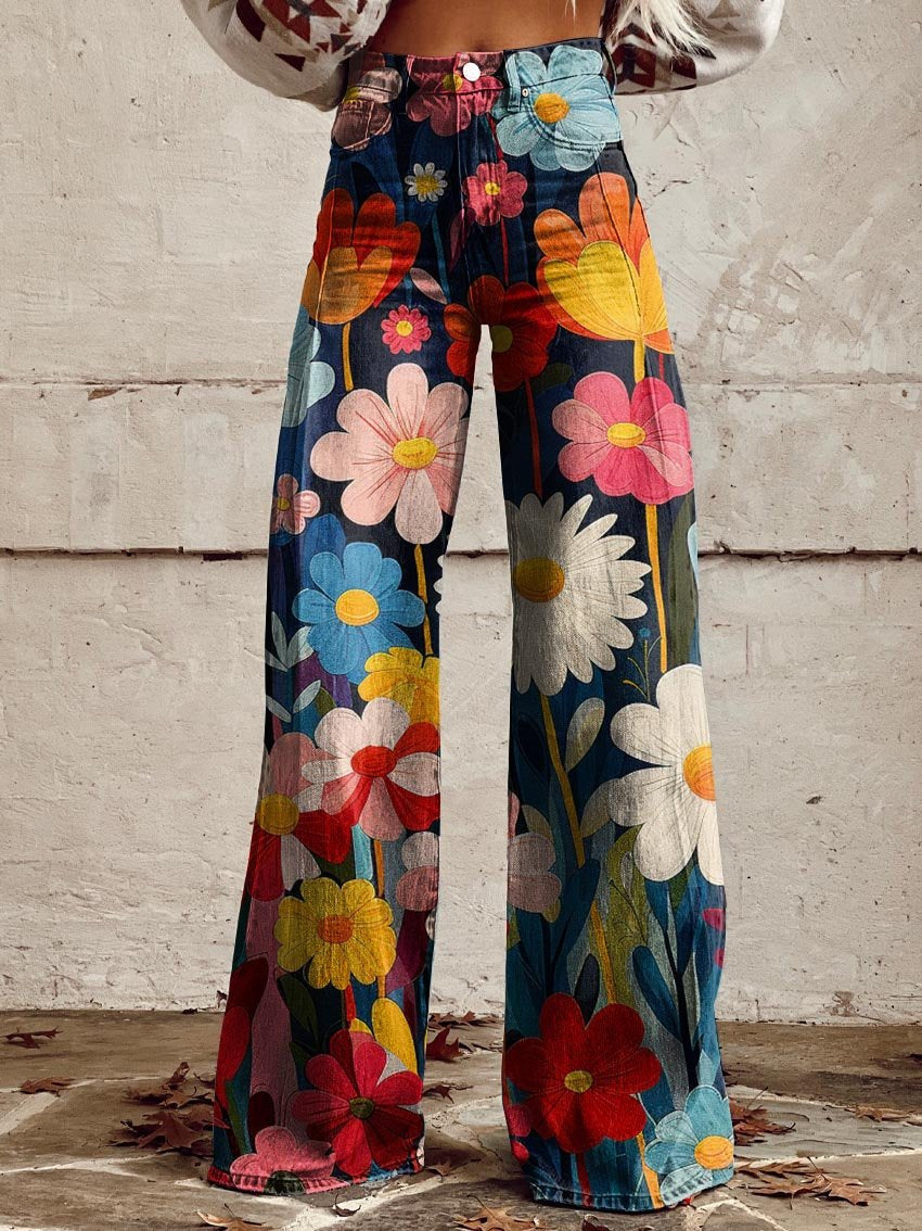 Léna – Laiad lillemustrilised püksid | Pantaloni largi cu model floral Léna