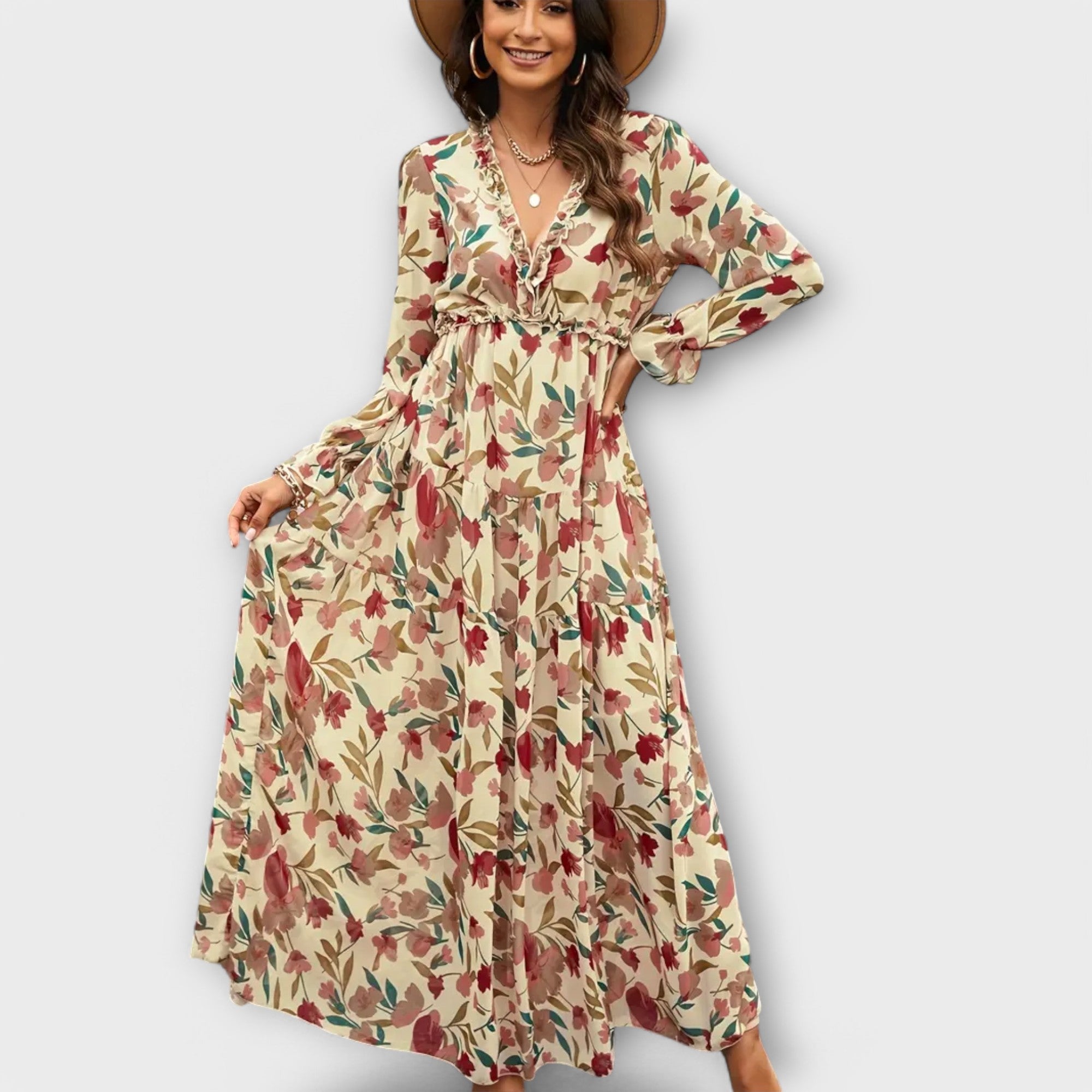 Irina | Rochie maxi cu print floral, grațioasă și colorată