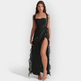 Celeste | Graceful and romantic dress with a slit and ruffles
