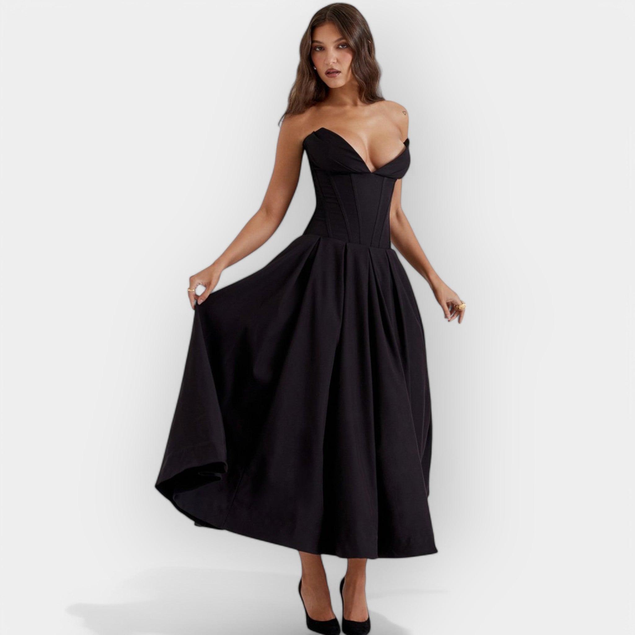 Inês | Rochie lungă cu print, cu eleganță regală și talie înaltă