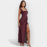 Celeste | Graceful and romantic dress with a slit and ruffles