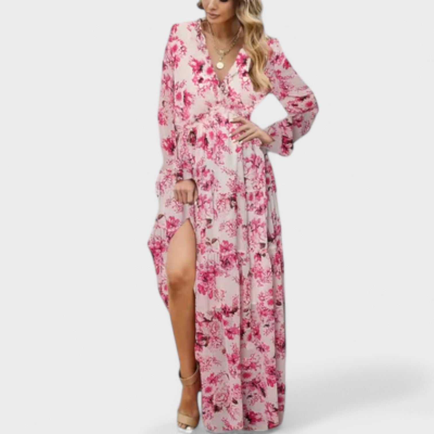 Angelina | Rochie florală lungă, cu decolteu în V