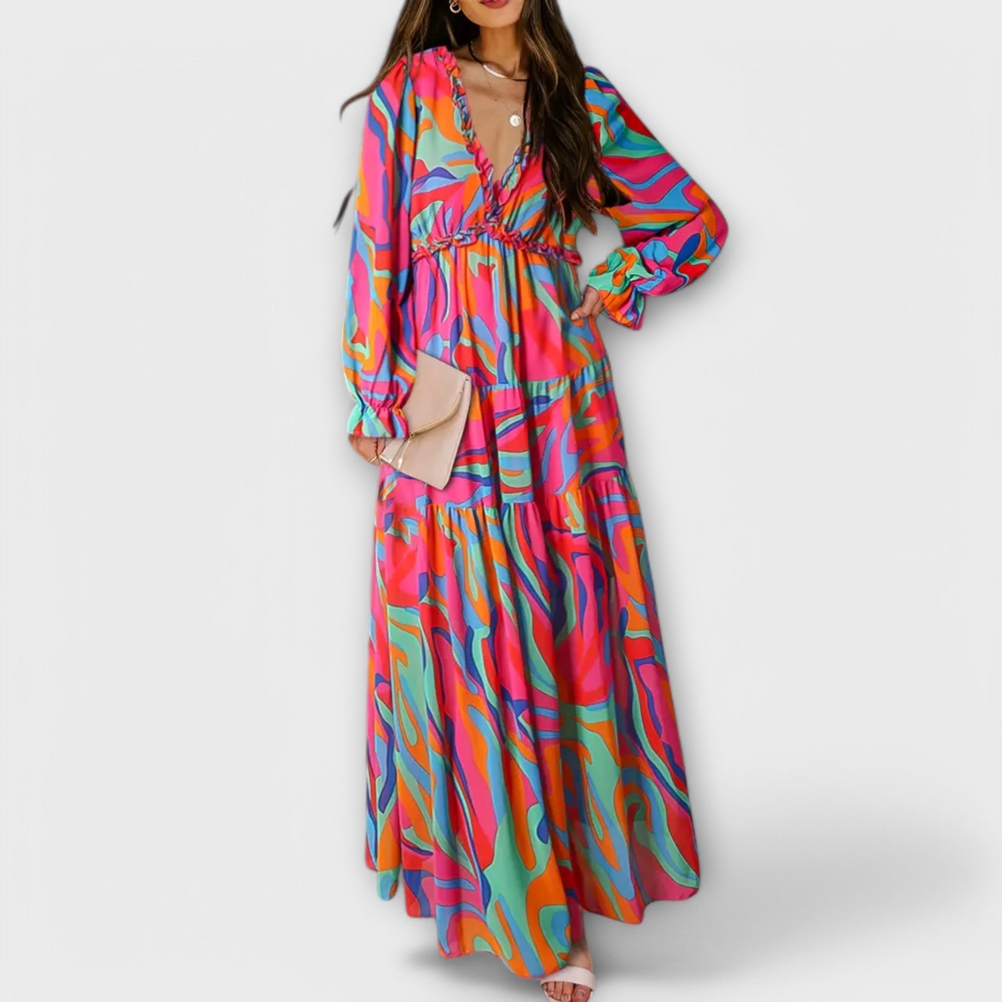 Irina | Rochie maxi cu print floral, grațioasă și colorată