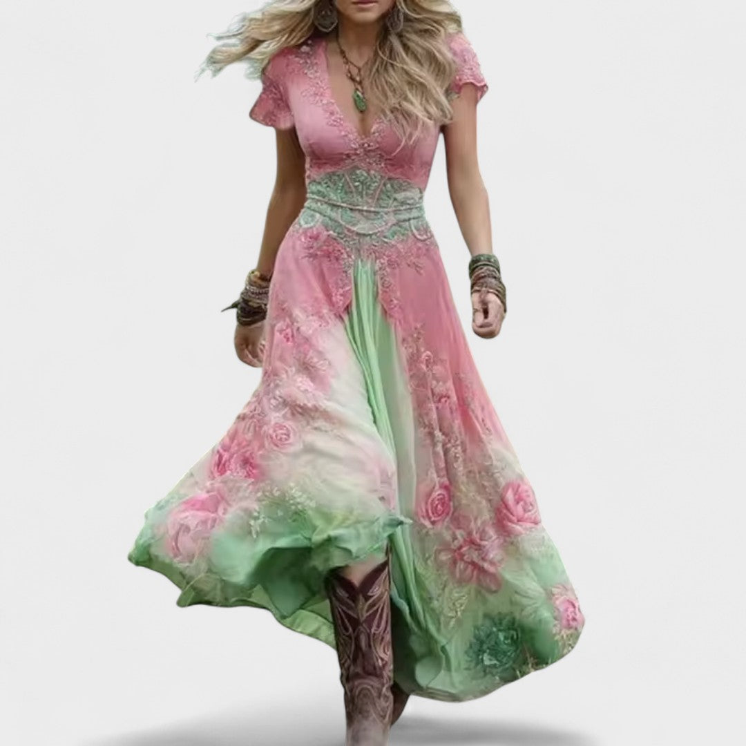 Celeste | Rochie florală, mulată și fluidă