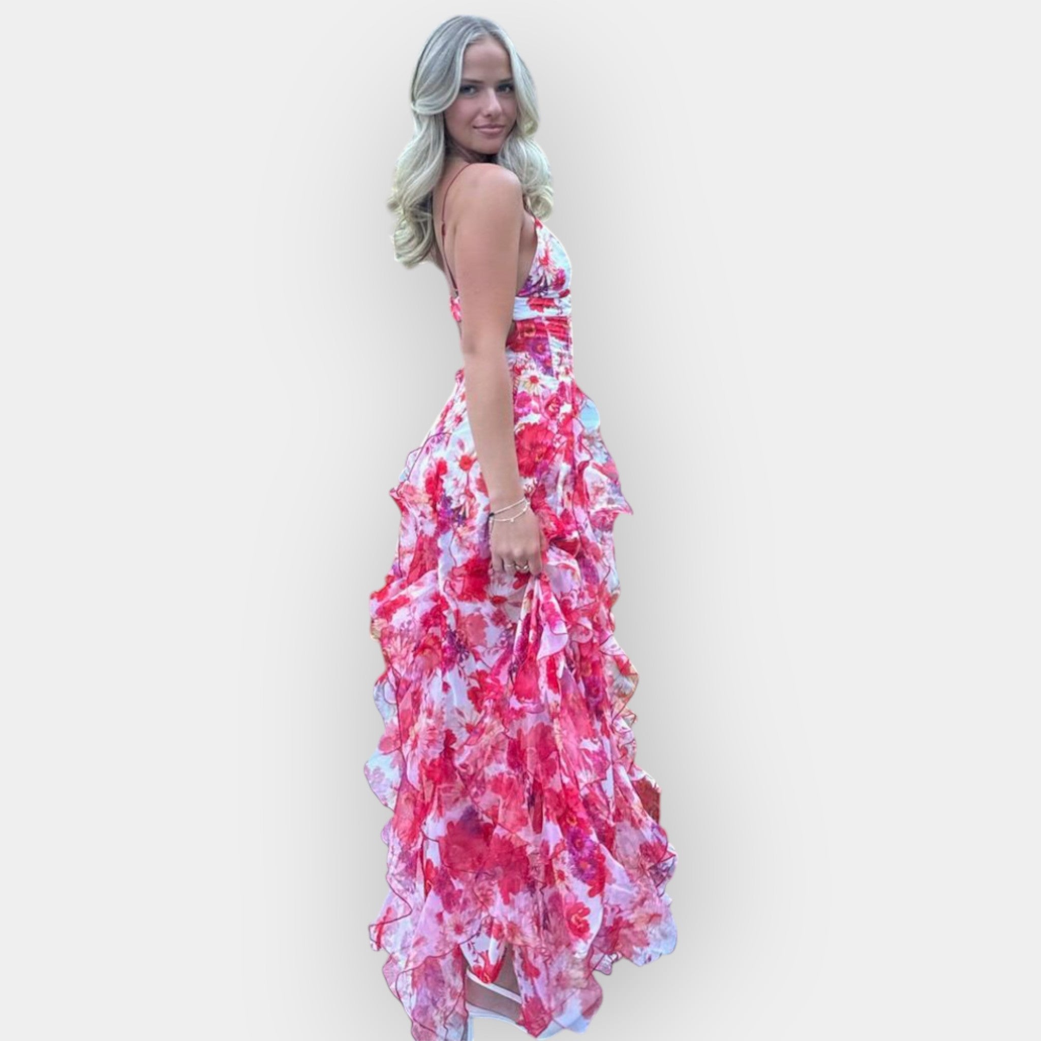 Emilia | Rochie maxi, cu volane și print floral vibrant