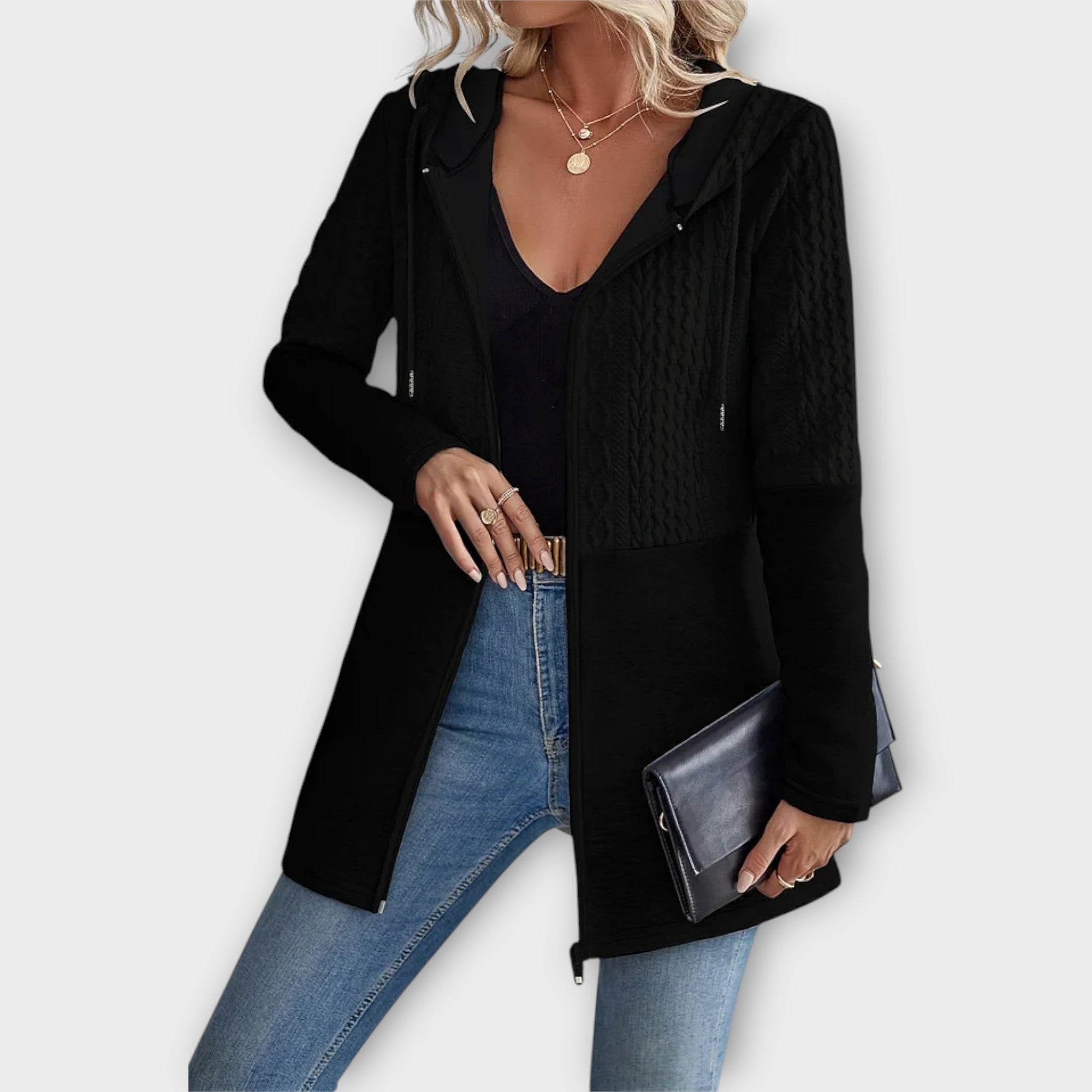 Mariliis | Cardigan elegant cu glugă și detalii moderne Mariliis