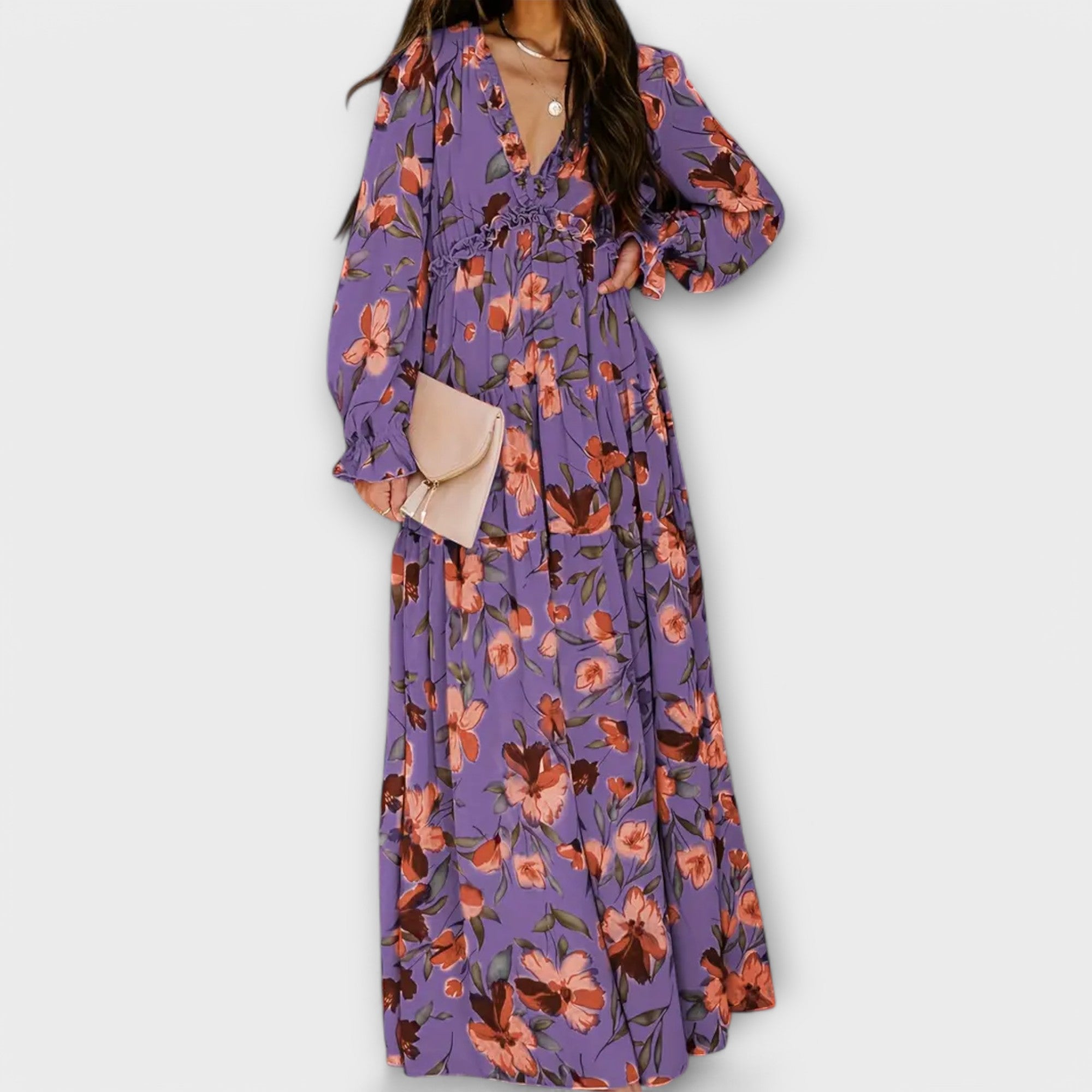 Irina | Rochie maxi cu print floral, grațioasă și colorată
