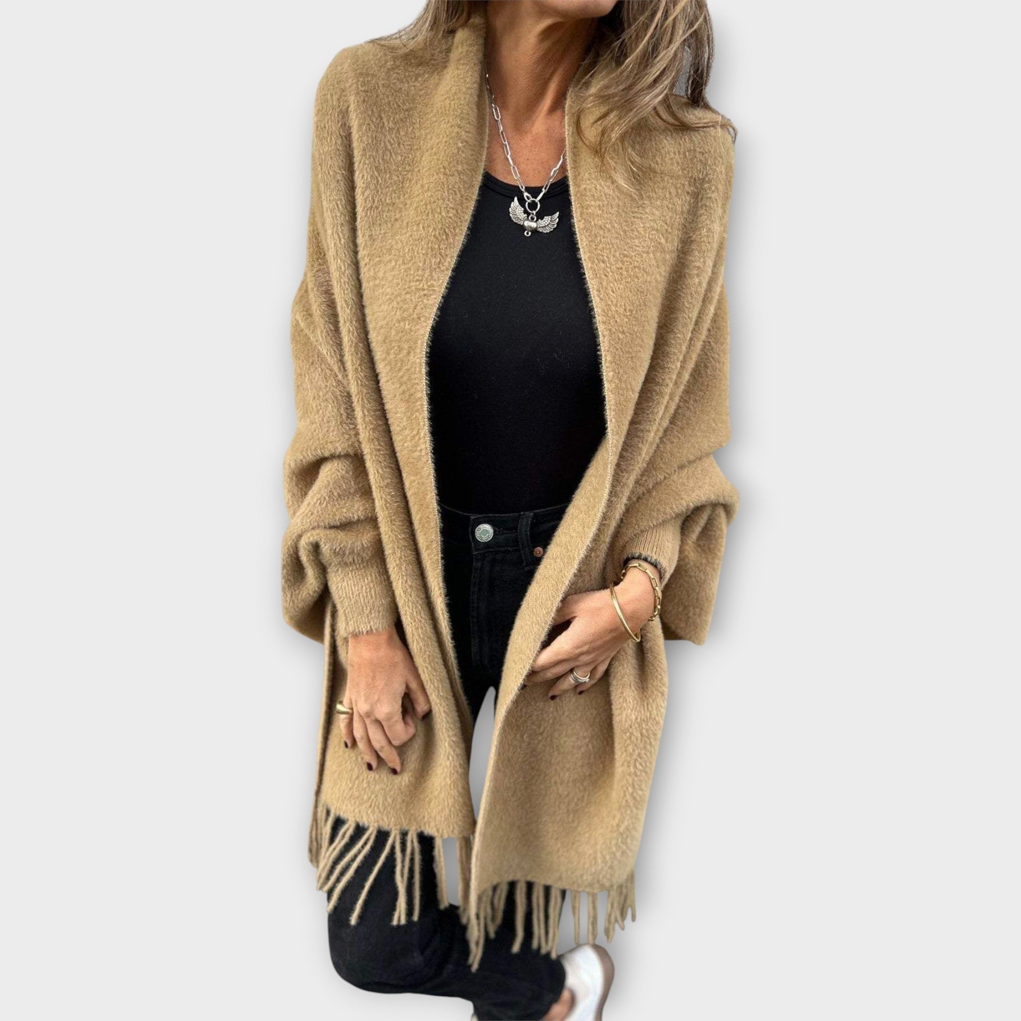 Maris | Cardigan tricotat wrap cu franjuri Maris