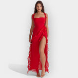 Celeste | Graceful and romantic dress with a slit and ruffles
