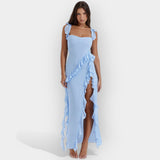 Celeste | Graceful and romantic dress with a slit and ruffles