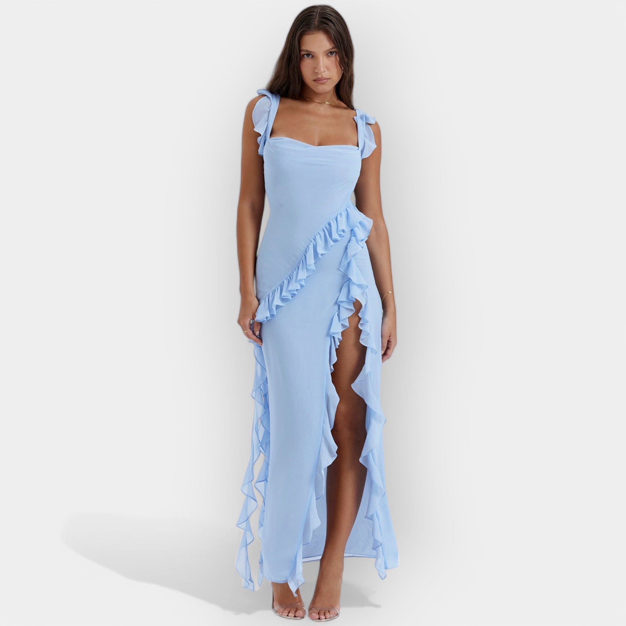 Celeste | Rochie cu fantă și volane, grațioasă și romantică
