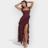 Celeste | Graceful and romantic dress with a slit and ruffles