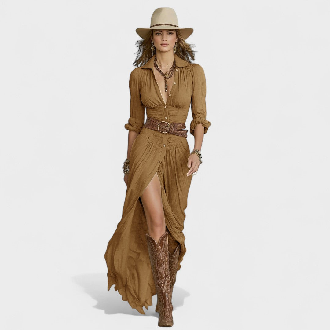 Julia | Rochie maxi, din bumbac și in, cu fustă plisată