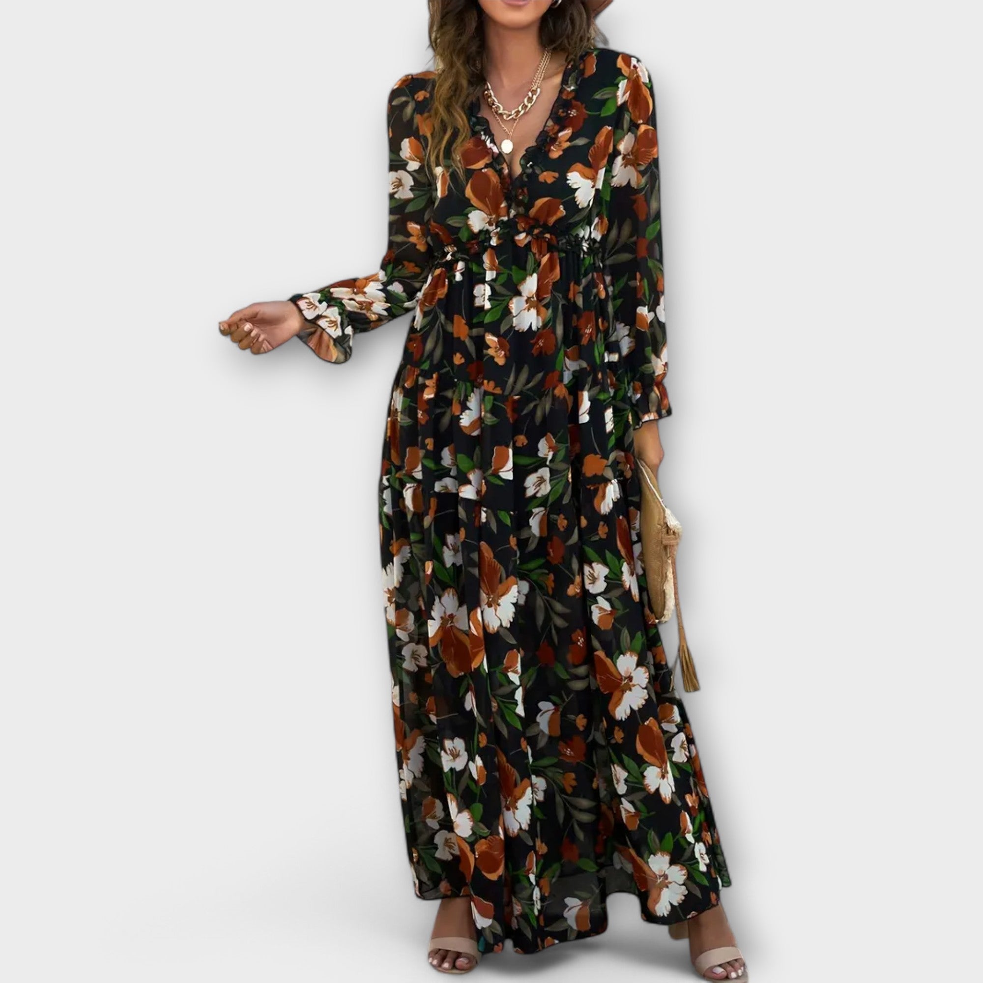Irina | Rochie maxi cu print floral, grațioasă și colorată