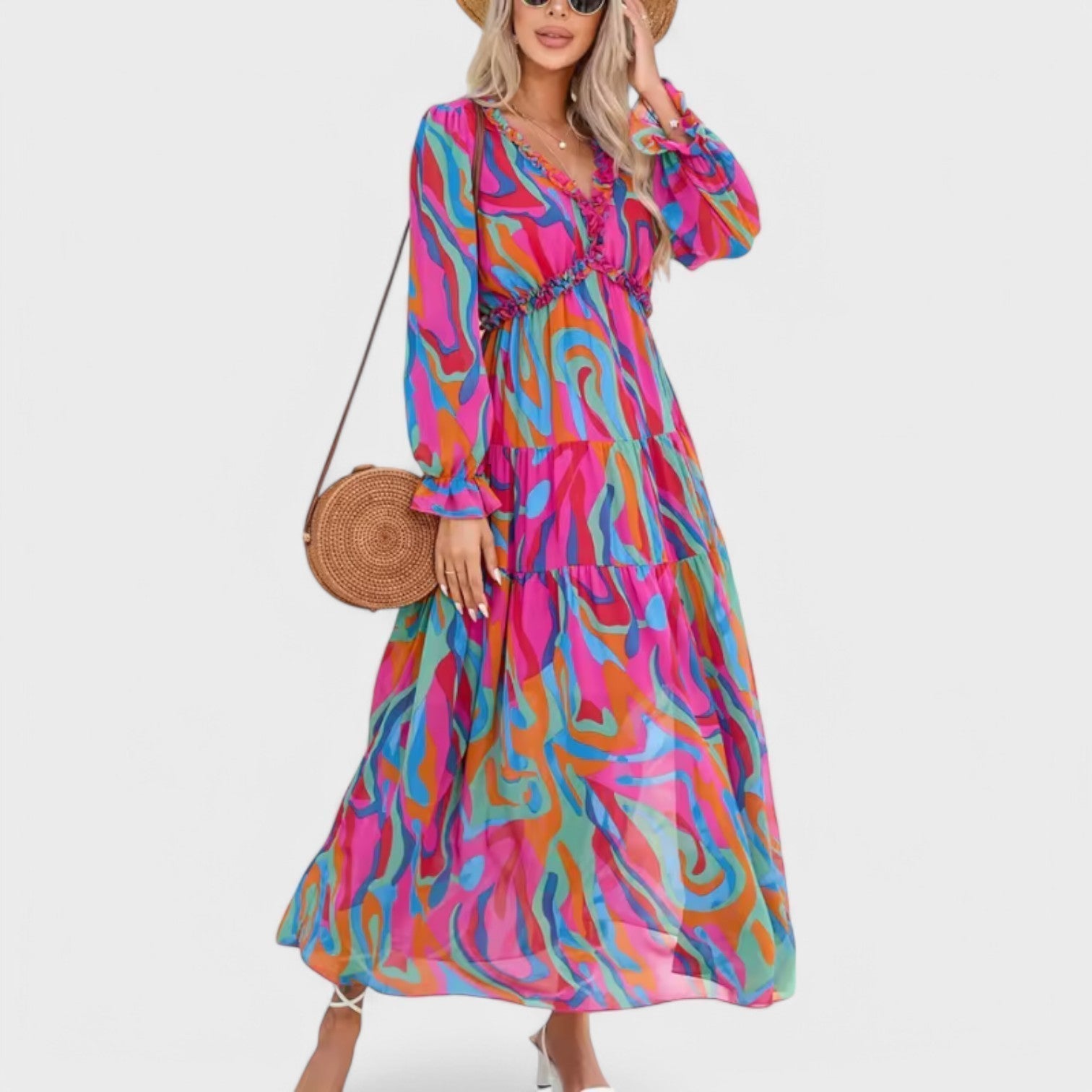 Angelina | Rochie florală lungă, cu decolteu în V