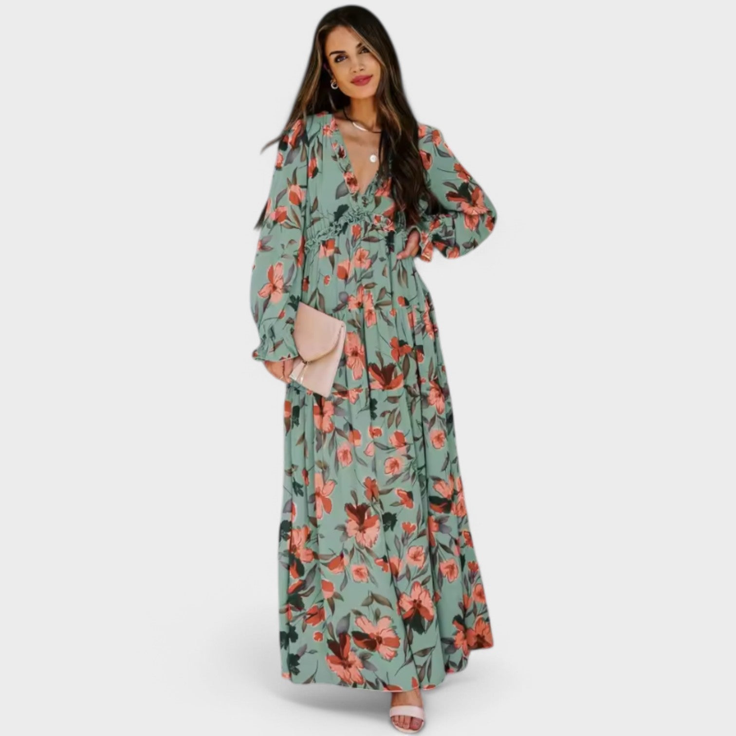 Angelina | Rochie florală lungă, cu decolteu în V