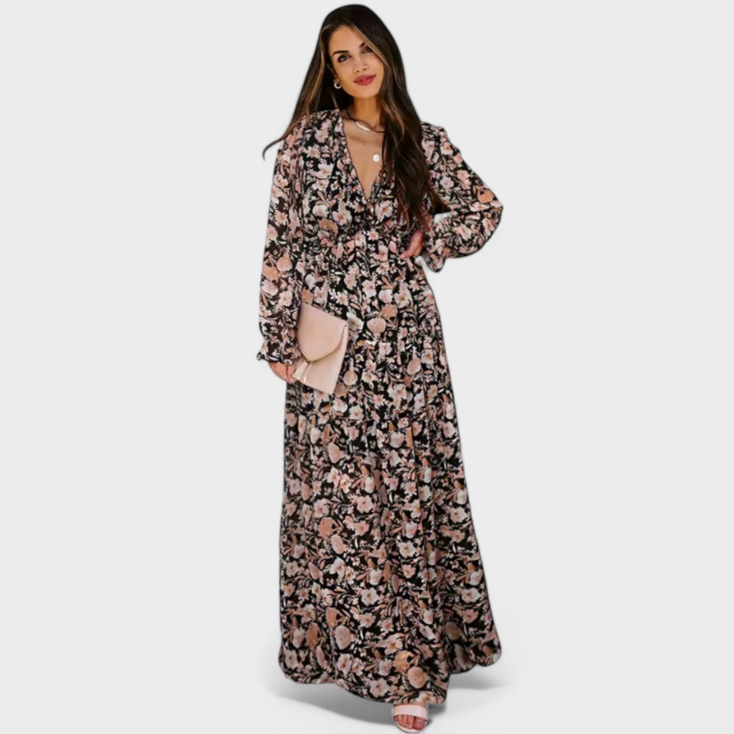 Angelina | Rochie florală lungă, cu decolteu în V