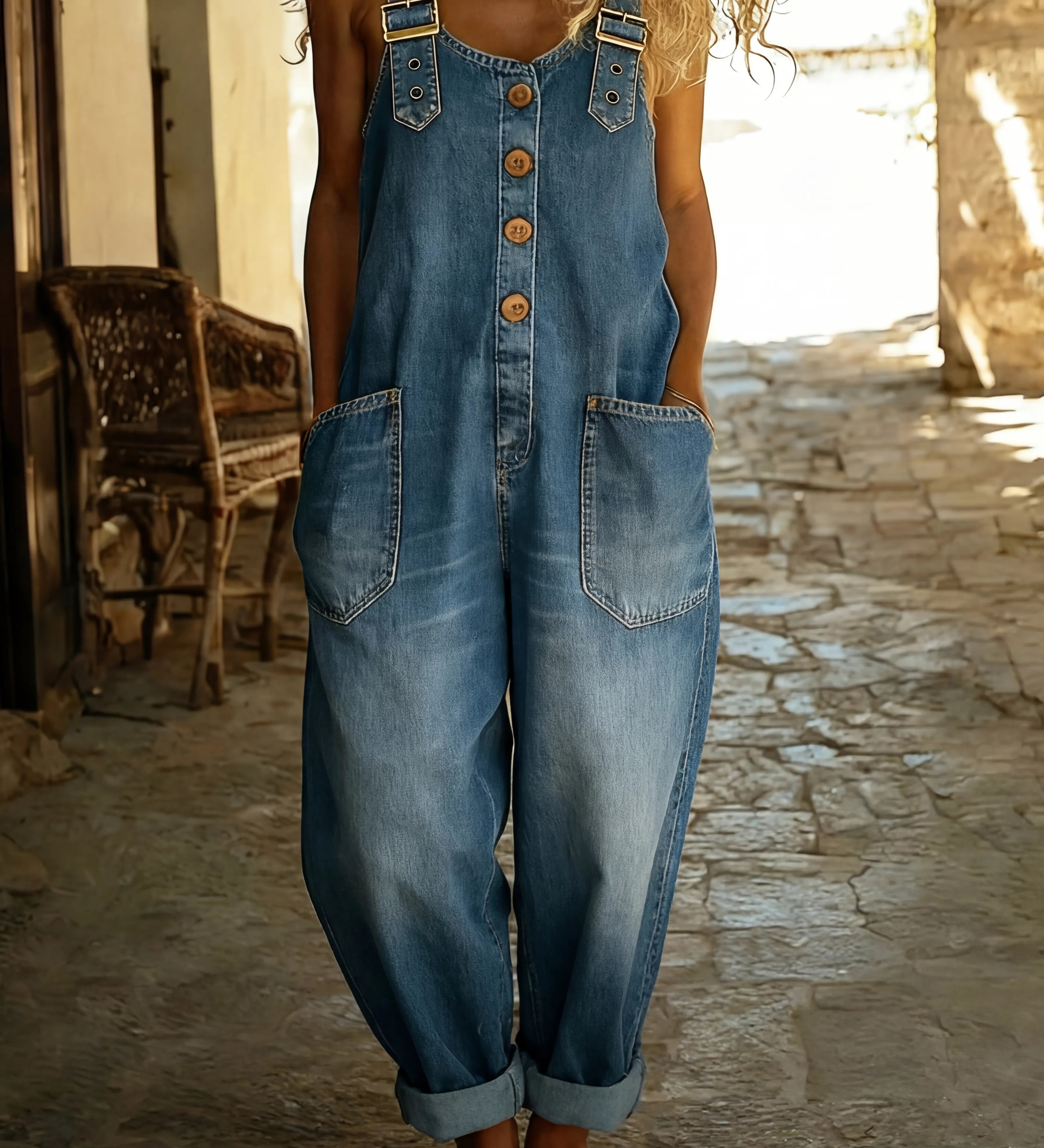 Rocio - Lahe denim kombinesoon reguleeritava klambriga | Salopetă denim Rocio cu cataramă ajustabilă