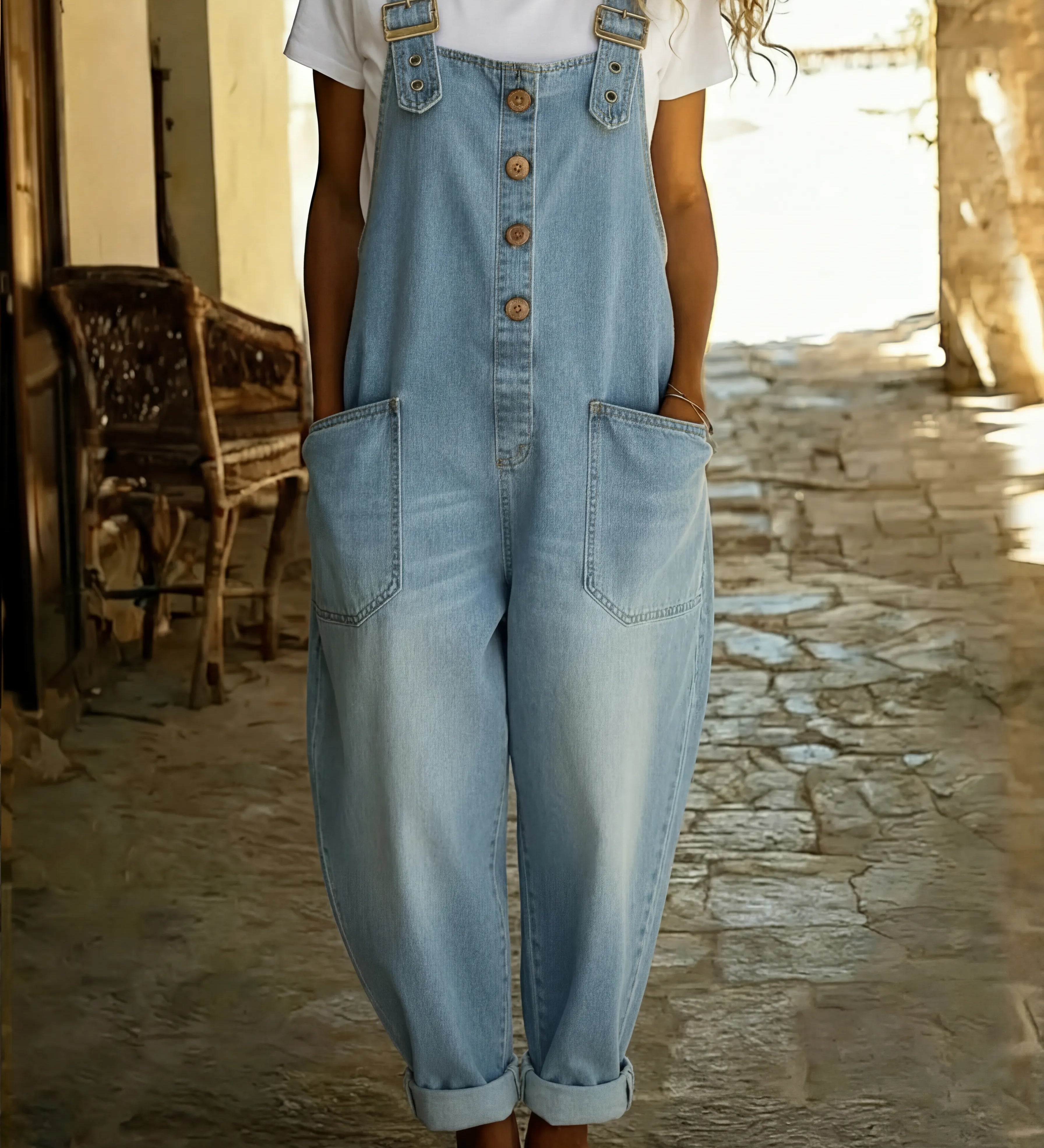 Rocio - Lahe denim kombinesoon reguleeritava klambriga | Salopetă denim Rocio cu cataramă ajustabilă