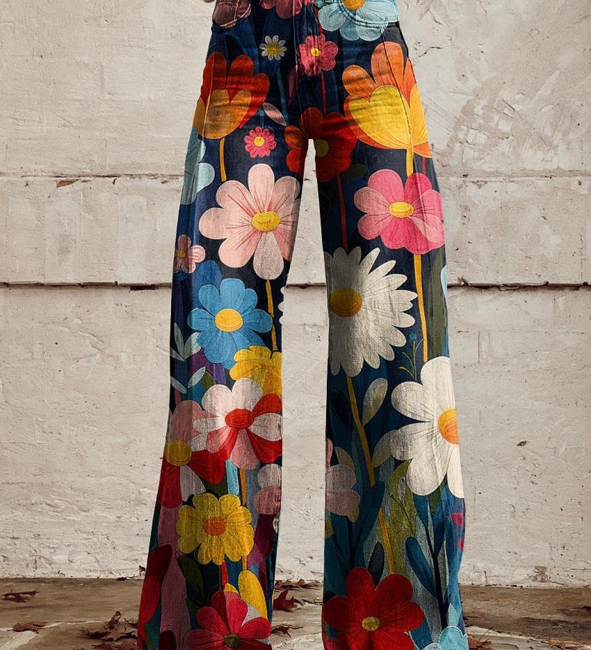 Léna – Laiad lillemustrilised püksid | Pantaloni largi cu model floral Léna