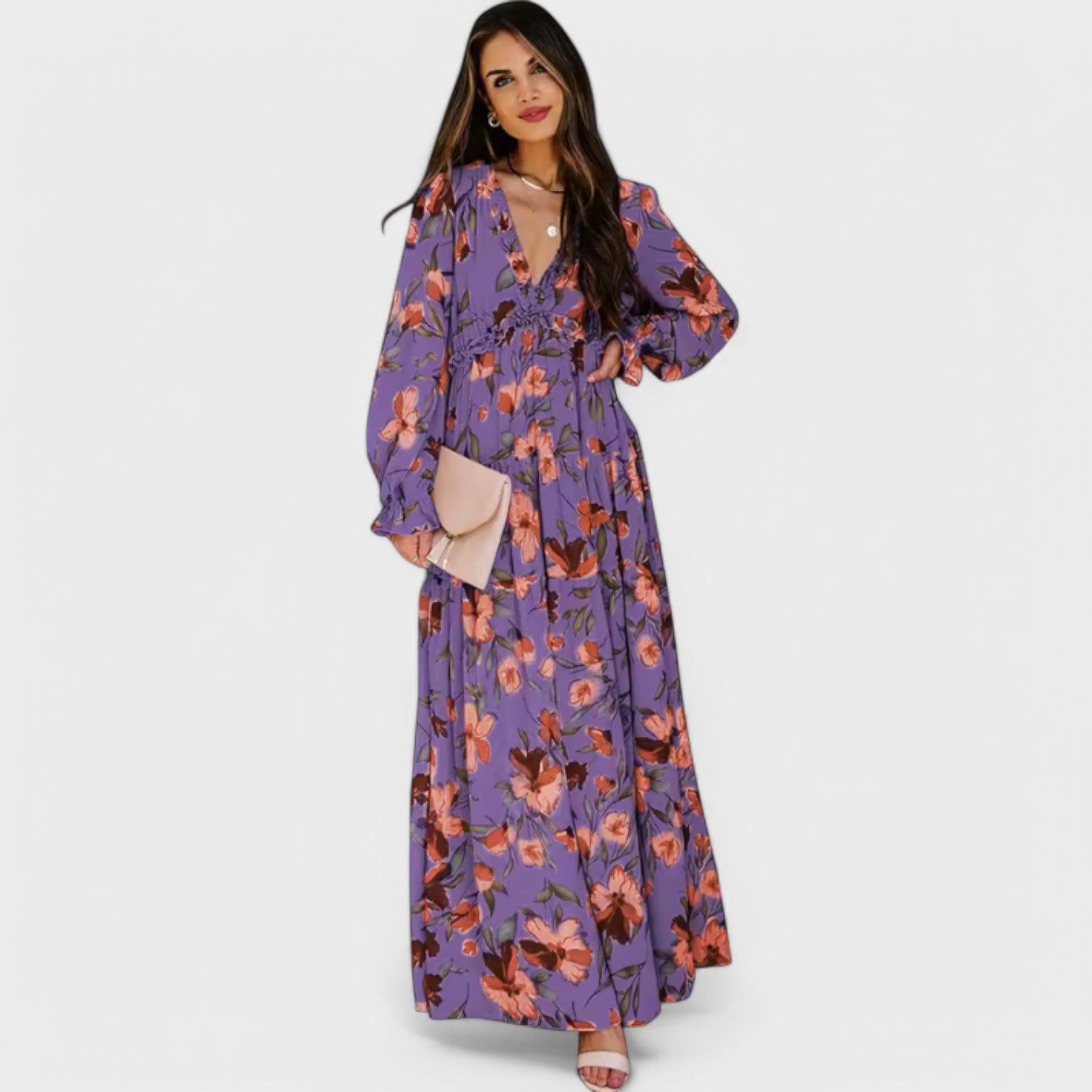 Angelina | Rochie florală lungă, cu decolteu în V