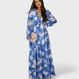 Angelina | Rochie florală lungă, cu decolteu în V